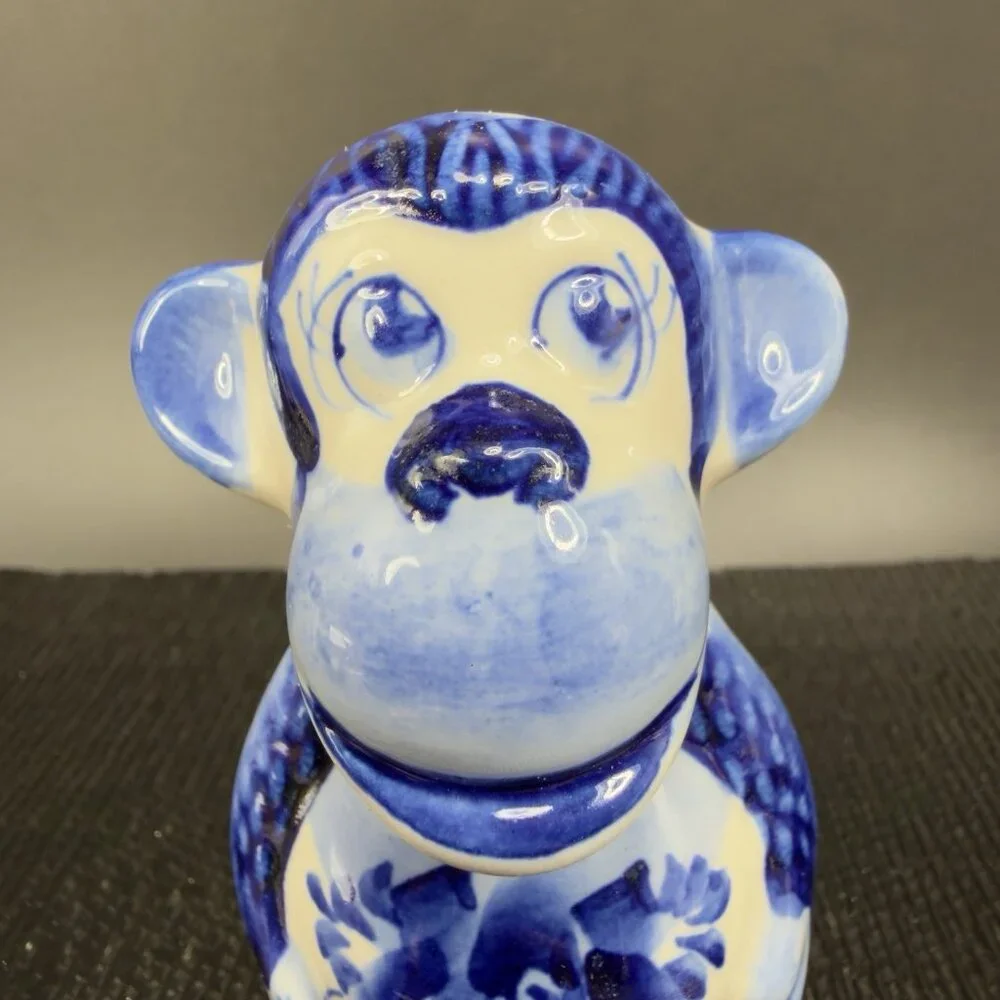Handmade Gzhel Russian‎ Porcelain Small Monkey Figurine Had Painted Cobalt Blue
